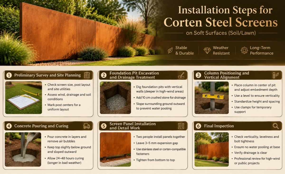 Installation Steps for Corten Steel Screens on Soft Surfaces